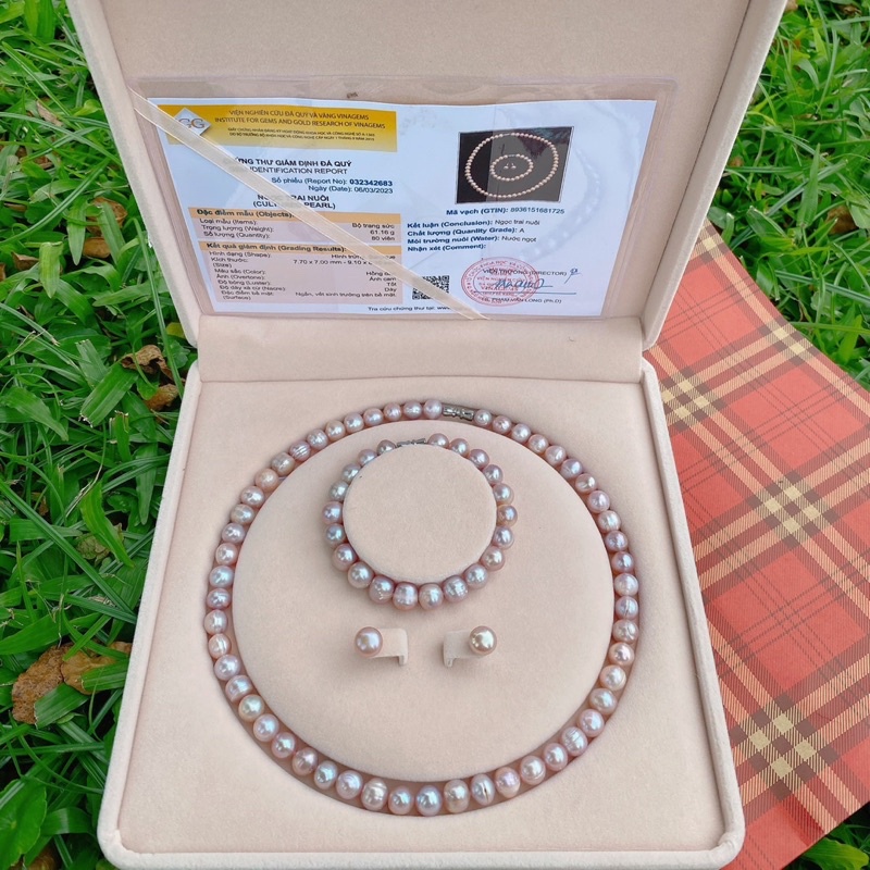 Bộ trang sức quà tặng 9-10ly màu Hồng gồm Vòng cổ, Vòng tay, Bông tai