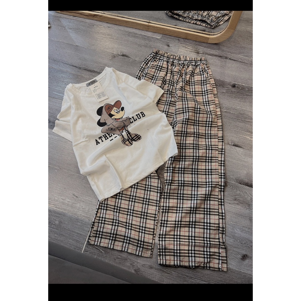 Set Tay Lỡ Ồng Rộng Unisex Bigsieze Mickey - Bộ Sớ Kẻ Ngắn Tay Cổ Tròn