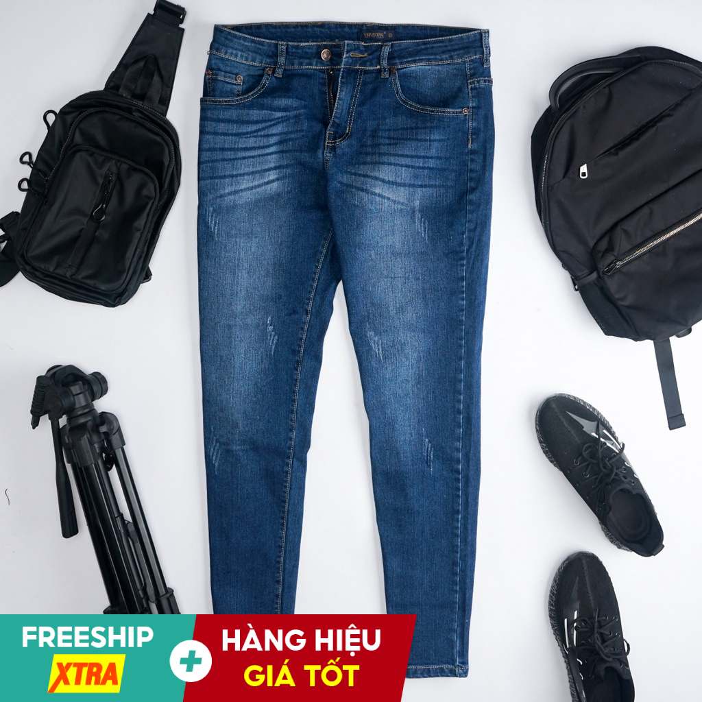 Quần Jean Nam Ống Côn Form Regular Màu Xanh Co Dãn Thoải Mái