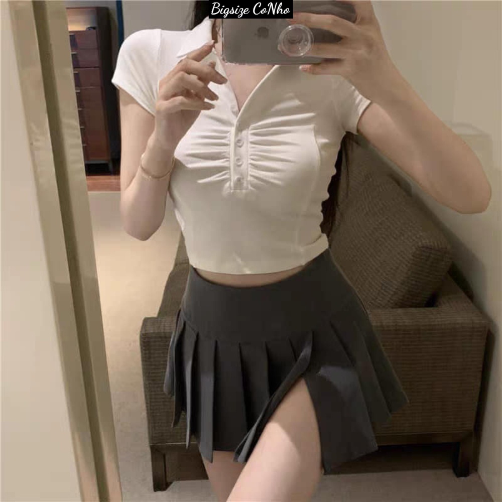 Áo thun cổ trụ nhún ngực nút kiểu bigsize nữ tay ngắn dáng croptop chất gân tăm co giãn phom rộng 60-92kg G106