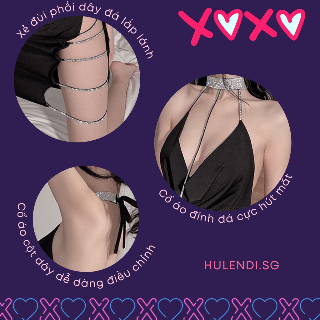 A19 Bộ Váy Ngủ Đính Đá Choker Cổ Xẻ Đùi Sexy, Tặng Chip Lọt Khe, Đồ Ngủ Gợi Cảm Quyến Rũ | BigBuy360 - bigbuy360.vn