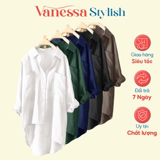 Áo sơ mi nữ dài tay form rộng tà lệch dáng dài Vanessa Stylish chất liệu đũi tơ mềm mát SMH.31