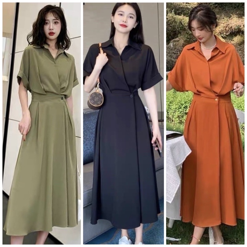 Đầm váy sơ mi nút eo tay ngắn 5 màu (kèm hình thật)