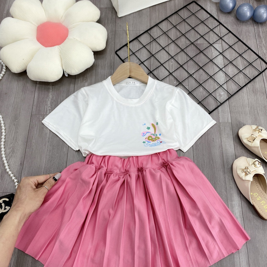 Set 2 món áo mix chân váy "HOA" xếp li 18-48kg xinh xắn cho bé gái 4-14 tuổi. Phong cách Hàn Quốc. STG64