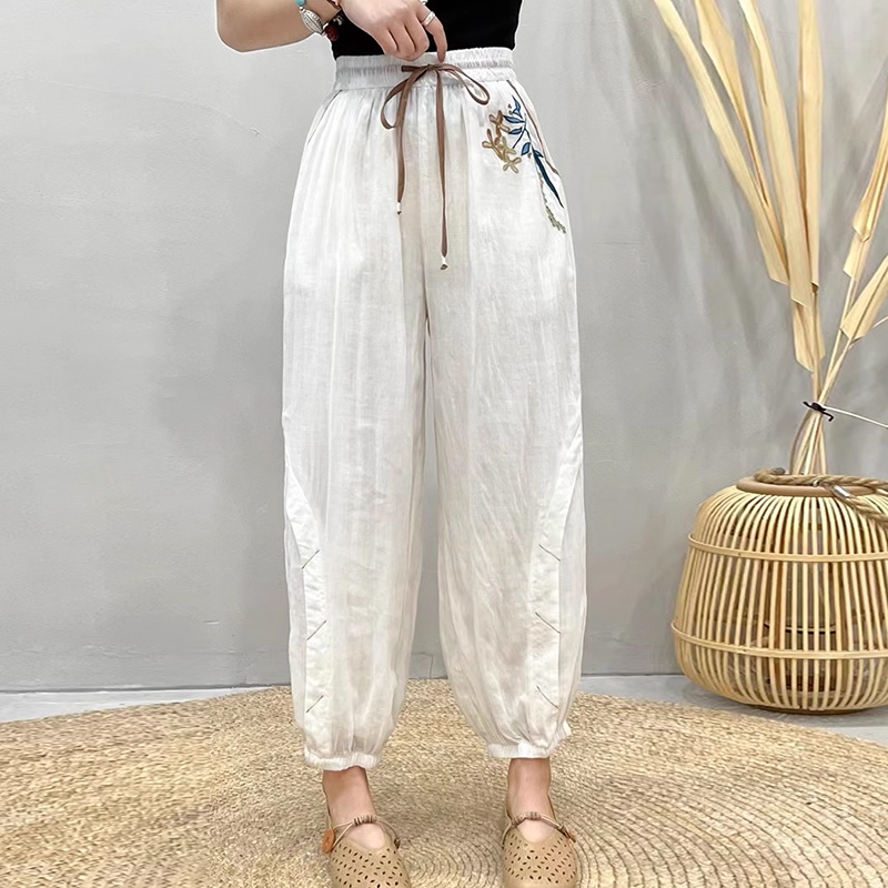 Quần baggy linen KAMAKA lưng thun thêu hoa hoa lá ống túm - NU8455