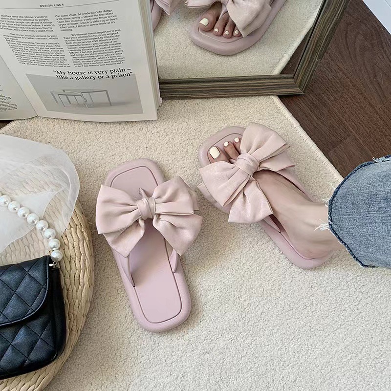 Giày Sandal Xỏ Ngón Đế Phẳng Đính Nơ Dễ Thương Thời Trang Phong Cách Hàn Quốc Dành Cho Bạn Nữ Crush176