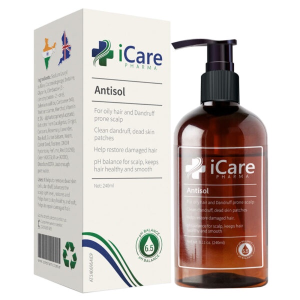 Dầu gội Antisol iCare Pharma, hỗ trợ loại bỏ các mảng da chết, gàu, cân bằng pH cho da dầu (	Chai 240ml)