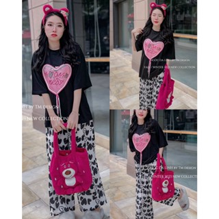 Set đồ bộ nữ tay ngắn quần ống rộng dài họa tiết trái tim