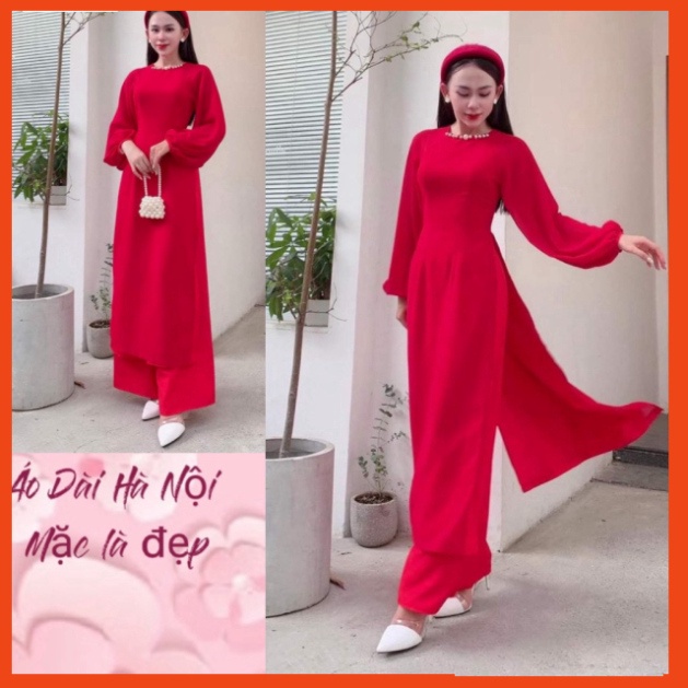 [Ảnh thật} Áo dài von tơ mềm 4 tà tay bồng có 2 màu đỏ và trắng - ÁO DÀI HÀ NỘI