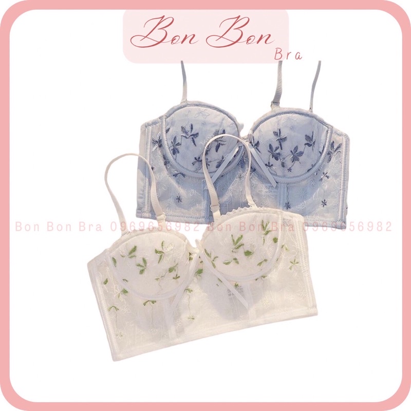 Áo Lót Corset Cup Ngang Ren Thêu Định Hình Nâng Ngực Nhẹ