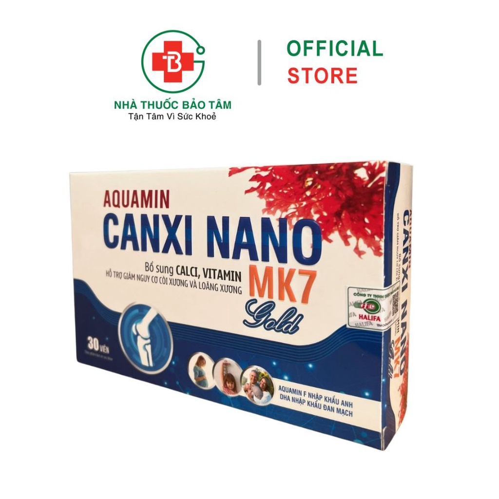 Viên Uống Aquamin Canxi Nano Mk7 Gold BỔ SUNG CANXI, Chống Còi Xương, Loãng Xương - Hộp 30 Viên
