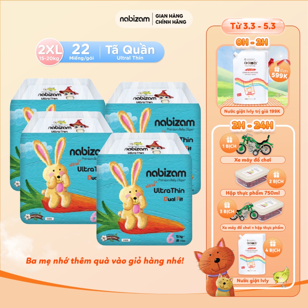 COMBO 4 Tã/Bỉm Quần NABIZAM Ultra Thin Nội Địa Hàn Mỏng Vượt Trội, Thấm Hút Nhanh 2XL22 Cho Bé Từ 15-20kg,22 Miếng/Bịch