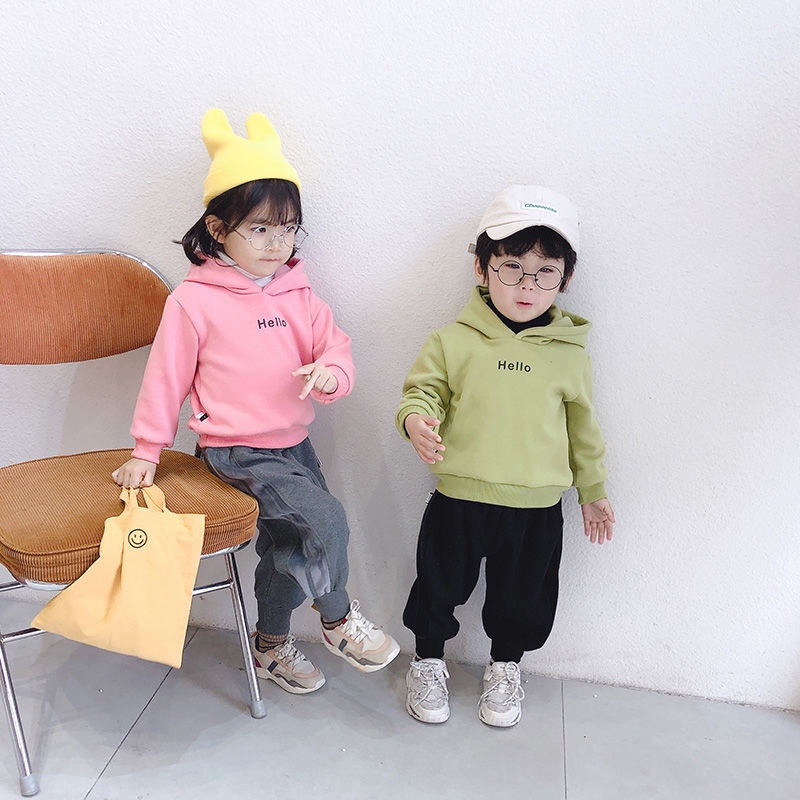 SUPER KIDS Áo Hoodie Màu Trơn In Chữ Phong Cách Hàn Quốc Thời Trang Thu Đông Cho Bé Trai Và Gái quần áo trẻ em