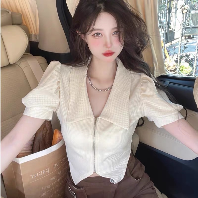 Áo thun nữ cổ sơ mi [CÓ ẢNH THẶT] phối khoá kéo ômbody chất thun gân co dãn 4 chiều phong cách ULZAANG