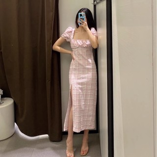 Đầm TQ tay phồng màu caro hồng
