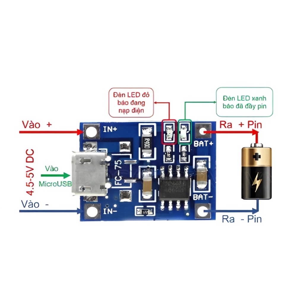 Mạch Sạc Pin 18650 Lithium TP4056 1A đầu vào Micro USB PVN22711