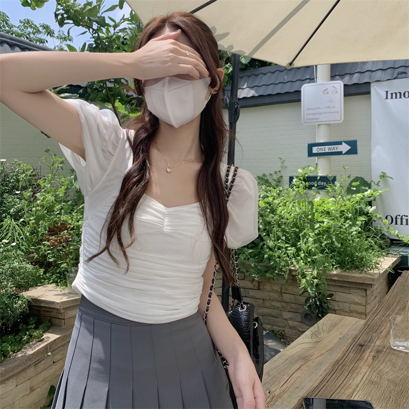 QADCOL Áo Lưới Tay Phồng Xếp Ly Ôm Dáng Màu Trơn Gợi Cảm Thời Trang Xuân Hè Cho Nữ