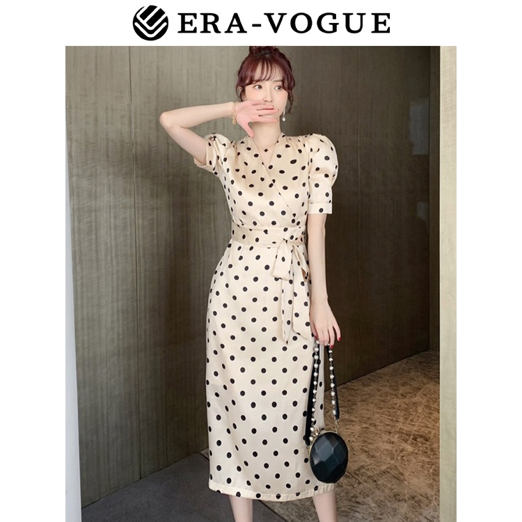 Eravogue🌷 Đầm Satin Dáng Dài Cổ Chữ V Họa Tiết Chấm Bi Phong Cách Hàn Quốc Thời Trang Cho Nữ S-XL 3980