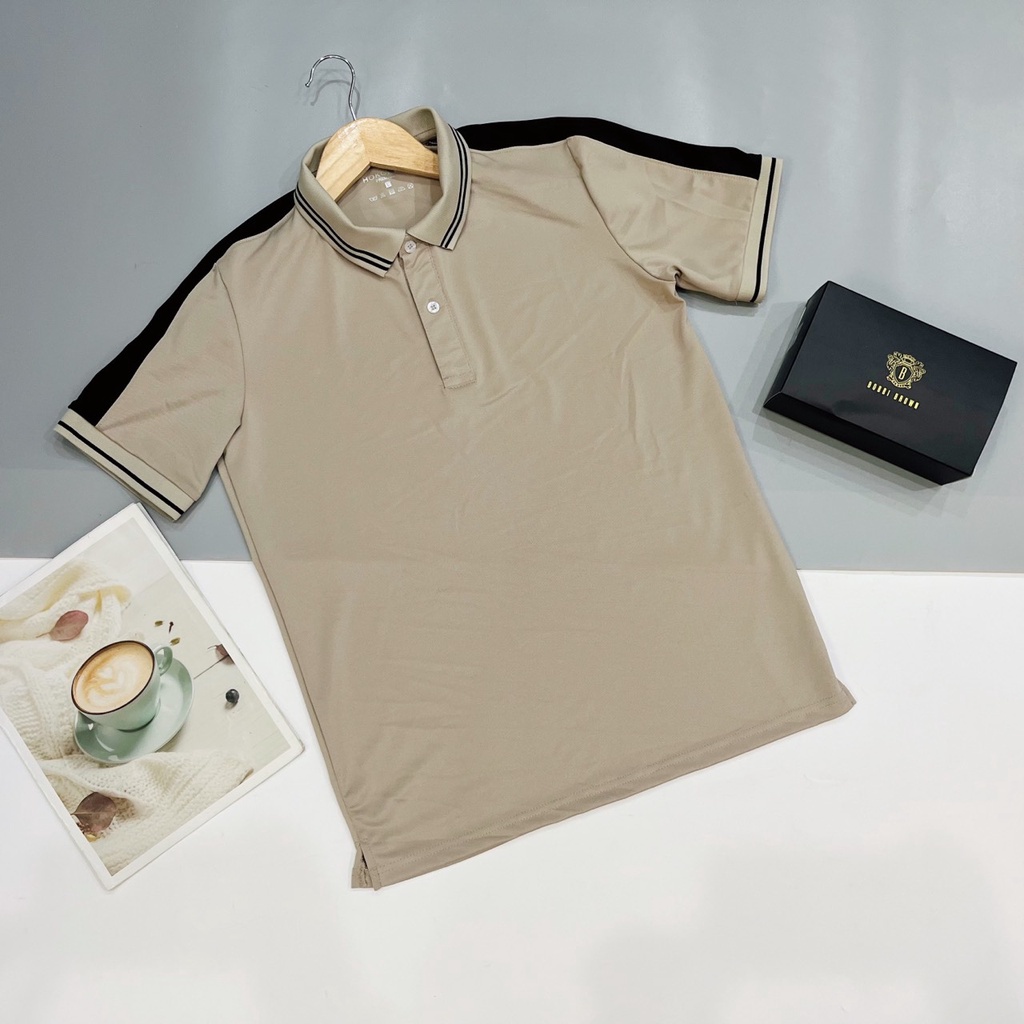 Áo thun polo nam cao cấp trơn tay ngắn phối sọc vai cam đen, chất poly cá sấu, sang trọng tinh tế