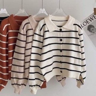 Pass áo cardigan cổ bẻ màu be sọc đen Fridayshop