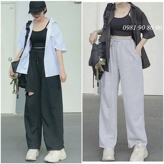Quần ống rộng suông nữ cạp chun lai tưa chất da cá, quần vải ống rộng nỉ thun xuông dài