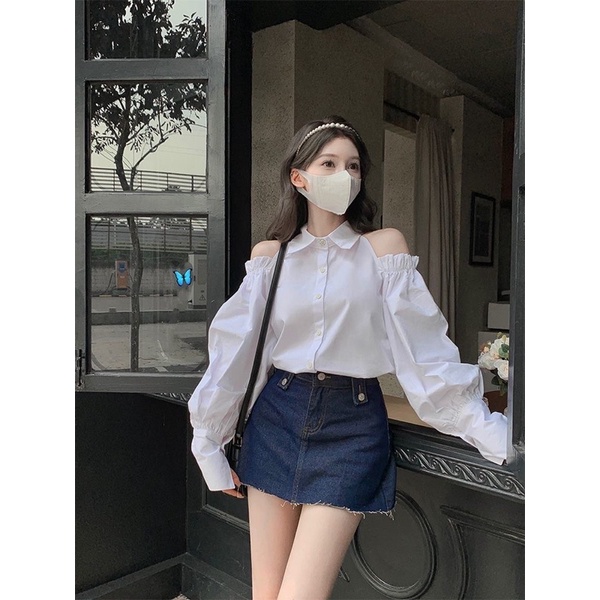 Áo sơ mi trắng hở vai tay bèo ulaazzang hàn quốc tiểu thư
