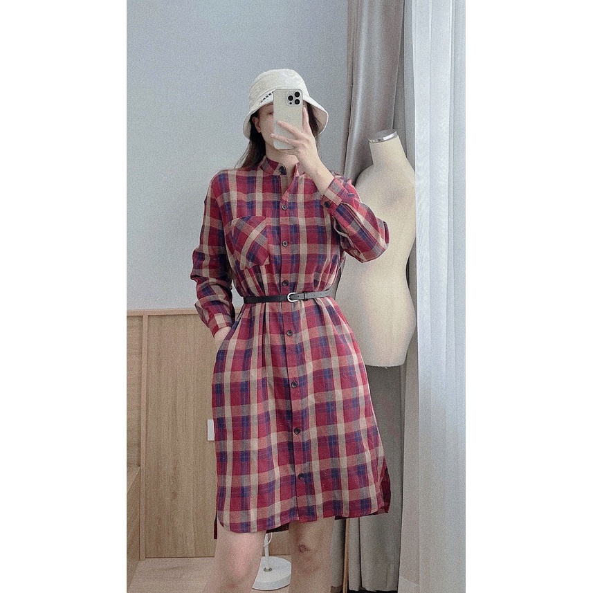 Váy sơmi cổ tàu dáng dài xẻ vạt ,đầm kẻ thô lien mềm đẹp mát mẻ nịnh da-Minxy shop