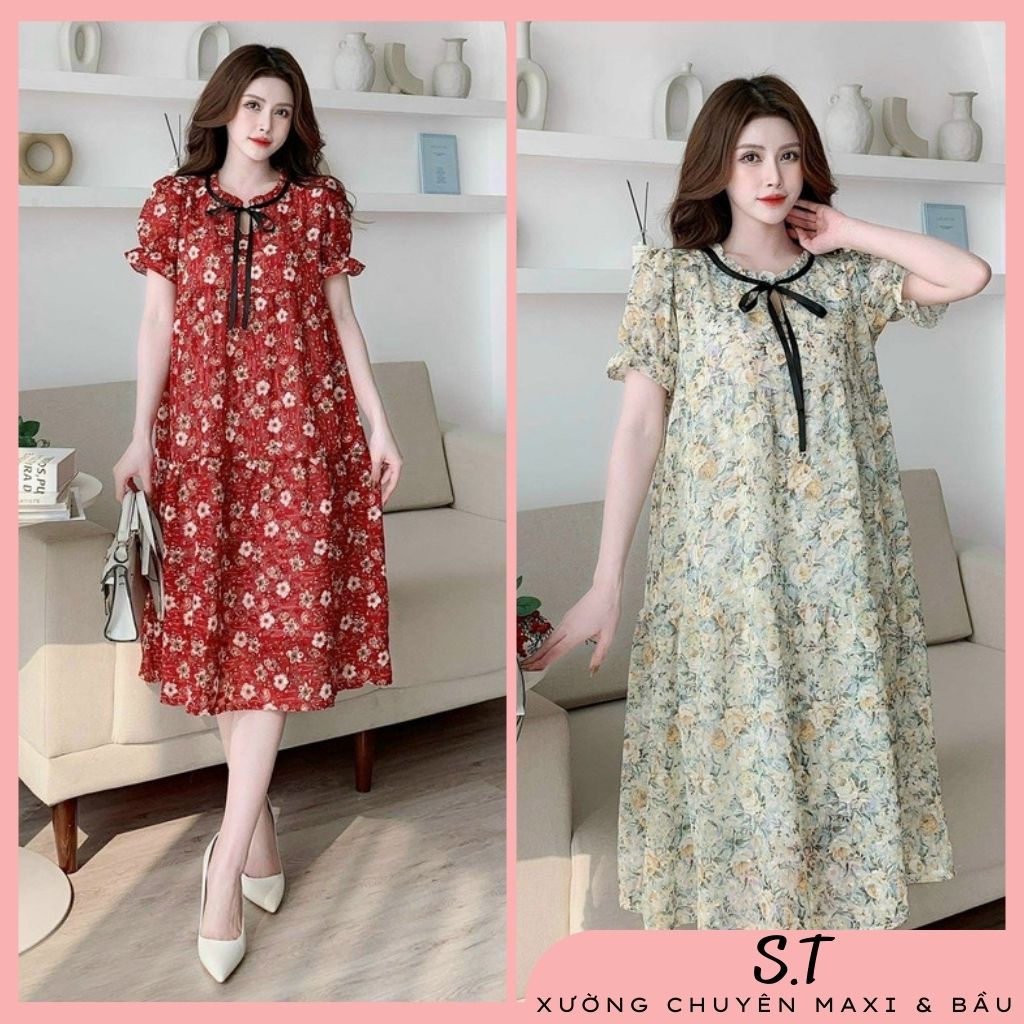 (48kg - 70kg) Váy bầu đầm bầu nơ ngực họa tiết hoa cực xinh chất voan 2 lớp mát mẻ