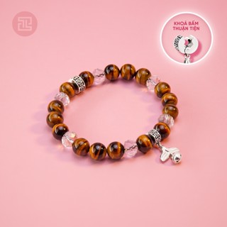 TINH LÂM Vòng Tay Phong Thủy Đá Mắt Hổ Nâu 8 Li - Charm Ngư Vĩ Dạng Bấm