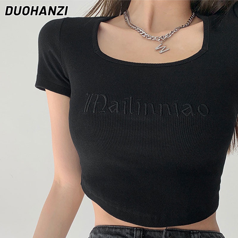 Áo thun DUOHANZI ngắn tay cổ vuông hở eo thêu chữ thời trang