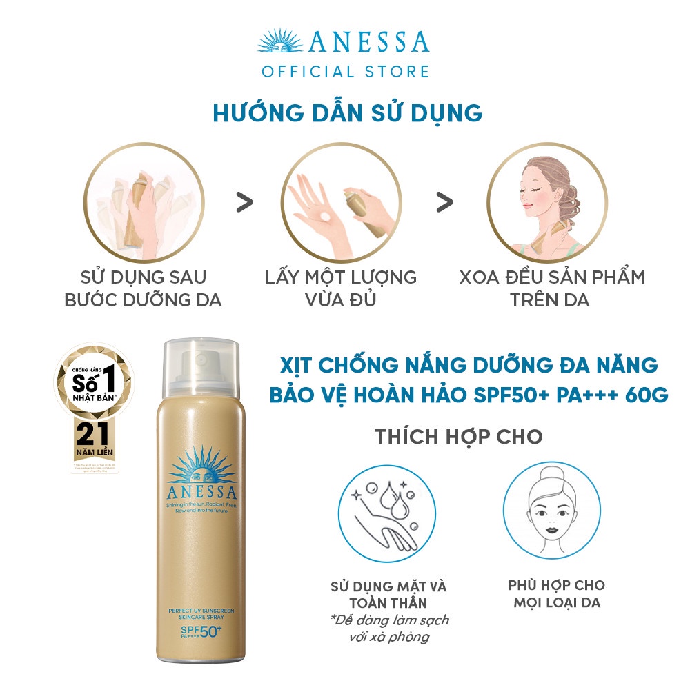 [ANESSA] Xịt Chống Nắng Dưỡng Đa Năng Bảo Vệ Hoàn Hảo Mọi Loại Da SPF50+ PA++++ Perfect UV Sunscreen Skincare Spray 60g