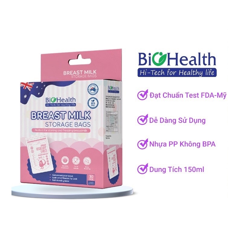 TÚI TRỮ SỮA BIOHEALTH 150ML / 250ML nhựa cao cấp an toàn cho bé 30 túi/ hộp