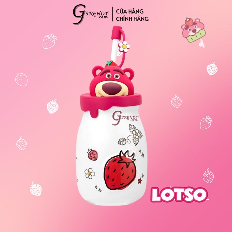 (CÓ SẴN) Bình Nước Sứ Hình Gấu Hồng Dâu Tây Losto Có Nắp Ống Hút Dễ Thương