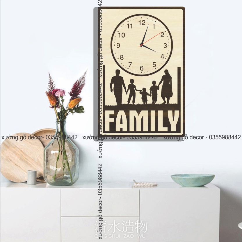 Đồng hồ gỗ kim trôi độc đáo Decor Vintage khắc hình gia đình family - Qùa tặng tân gia trang trí nhà cửa.
