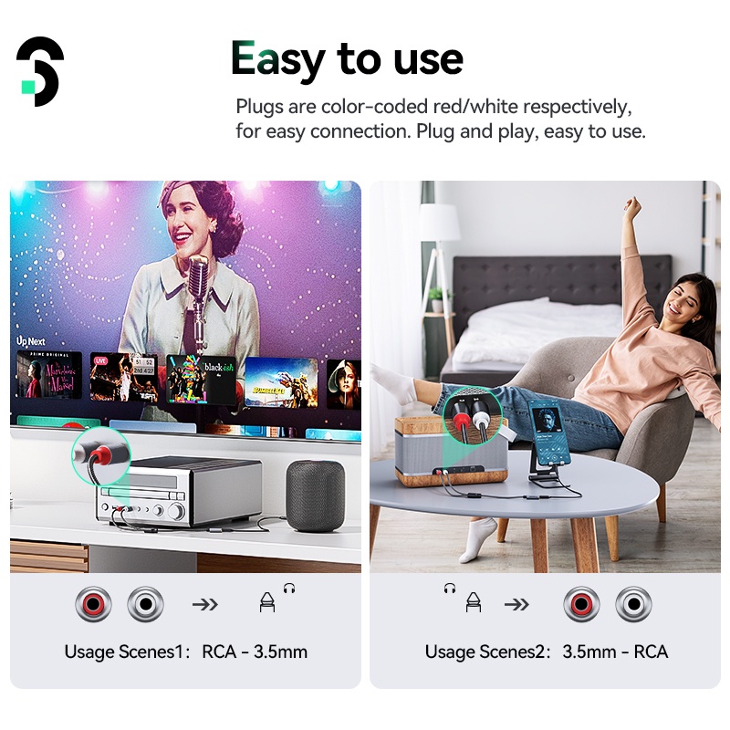 Cáp Âm Thanh SOOMFON 3.5mm Sang 2 RCA Mạ Vàng 24K Chất Lượng Cao