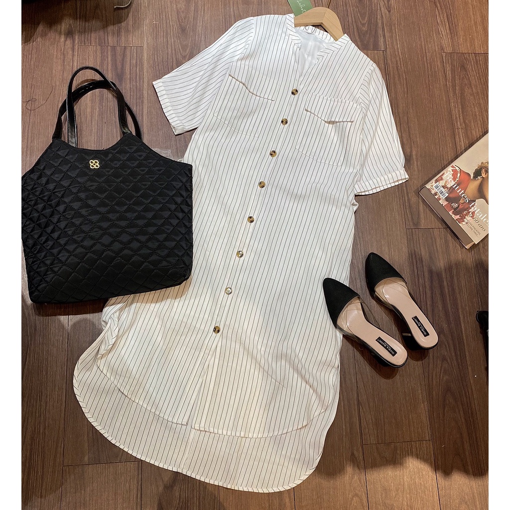 Đầm sơ mi linen kẻ Lalastyle