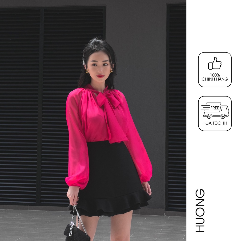 Áo tơ tằm cổ nơ xếp nhún HUONG BOUTIQUE HBSM1045