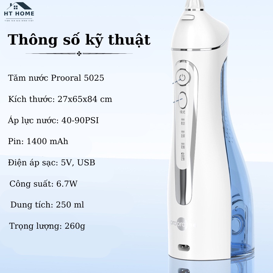 Tăm Nước Prooral 5025 Chính Hãng Bảo Hành 12 Tháng Máy Tăm Nước Cầm Tay 4 Chế Độ Làm Sạch Răng Miệng