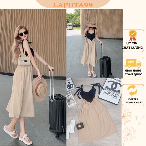 Đầm váy maxi 2 dây nữ thân phối màu trái tim lưng thun dáng dài vải đũi freesize dưới 60kg Laputa99
