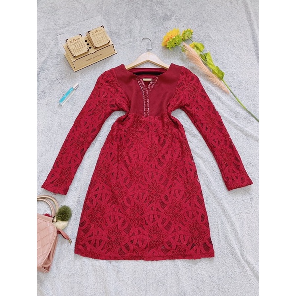 Đầm Đi Tiệc, Ren Phối Da Lộn, Màu Đỏ Vang, 2hand