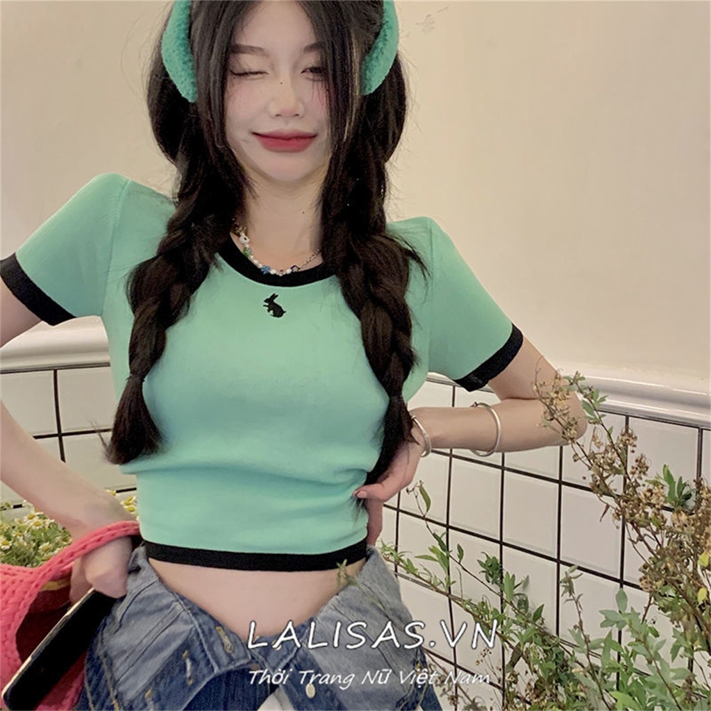 Lalisas Áo Croptop Dệt Kim Tay Ngắn Cổ Tròn Thời Trang Hàn Quốc vintage Quyến Rũ Cho Nữ