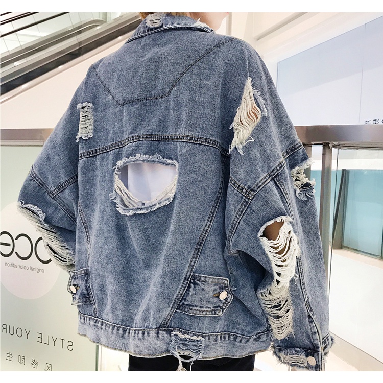 Áo khoác jean nam dáng rộng, áo denim nam rách phòng cách Hiphop Hàn Quốc