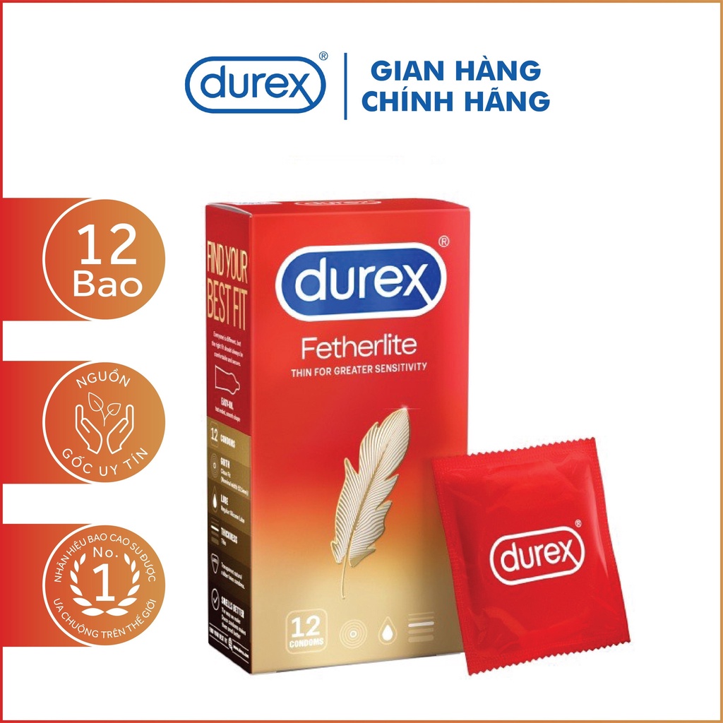 Bao cao su Durex Fetherlite siêu mỏng, size 52.5mm, 12 bao/hộp