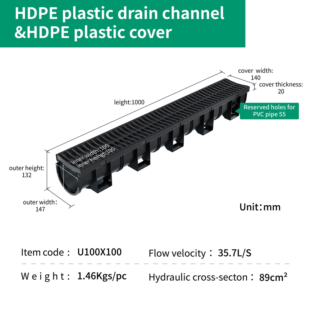 Cống thoát nước lắp ghép ECODrain Nắp nhựa HDPE 150x150x1000mm: Thẩm mỹ, giảm lắng, hiệu suất cao, thi công nhanh.