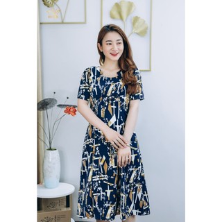 Đầm xòe trung niên thiết kế TTV1295 Cổ tròn tay ngắn màu Xanh họa tiết sang trọng