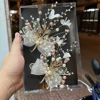 Đôi cài tóc cô dâu nơ voan đính hạt hồng