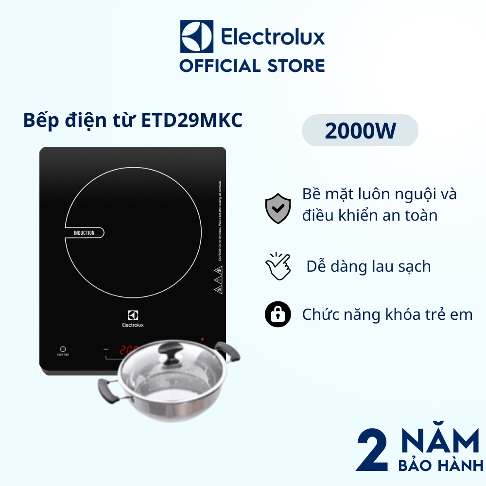 Bếp nấu điện từ để bàn Electrolux 2000W - ETD29MKC - Trình điều khiển an toàn, nhiều mức nhiệt