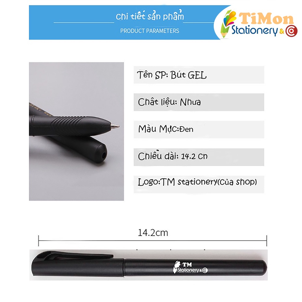 Bút bi có nắp TM stationnery,mực Gel- ngòi 0.5mm - mực đen- mã bút TM02