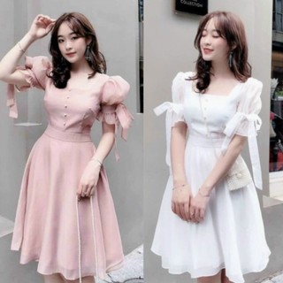 Váy trắng nữ ngắn đầm công chúa tiểu thư cúc ngọc tay nơ dây xòe xinh xắn dễ thương chụp ảnh dự tiệc dạo phố YADO T156