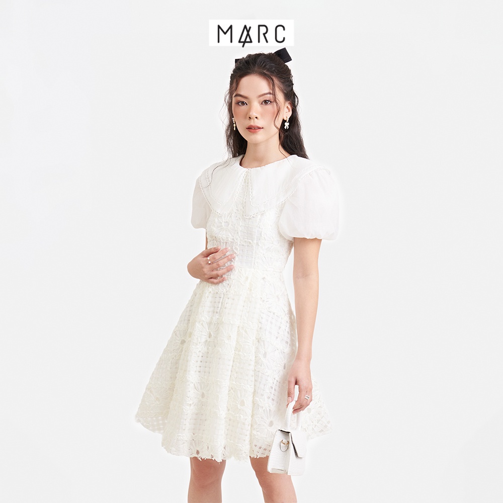 Đầm nữ MARC FASHION ren mini tay phồng phối lá cổ TRLH112422